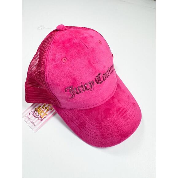 Juicy Couture Hat Hot Pink Trucker Mesh Cap Velour Crystals Adjustable Y2K - Picture 1 of 4